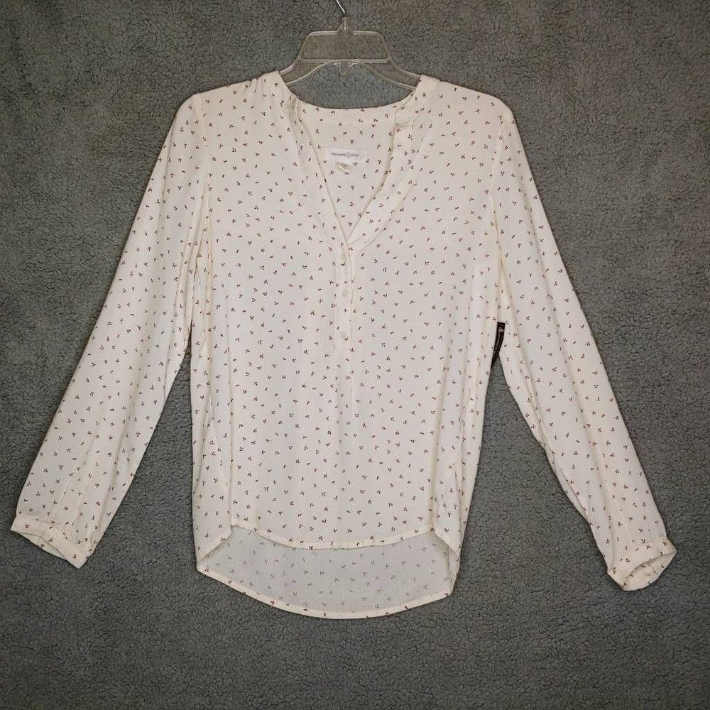 Treasure & Bond Womens Popover‎ Blouse White Floral Long Sleeve Buttons XXS New